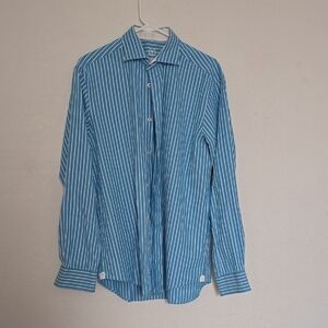 Bugatchi Uomo Men’s Dress Shirt Blue White Stripe 17.5 36/37 100% Cotton